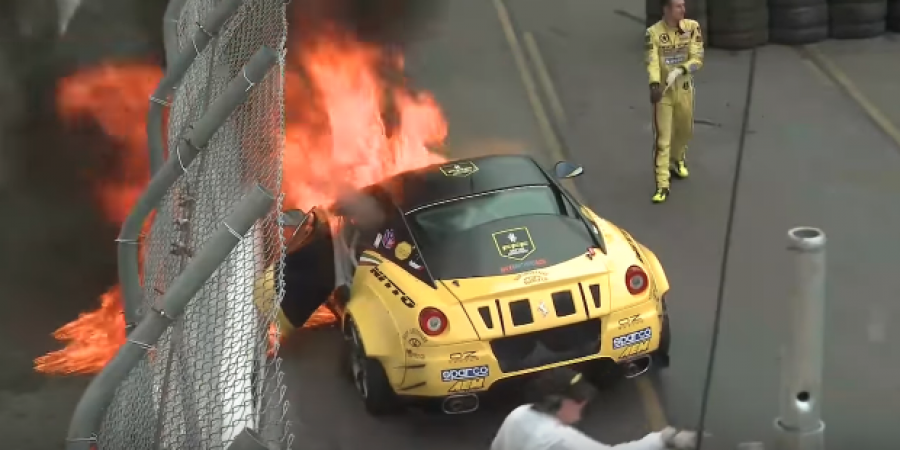 Watch this Ferrari catch fire during a Formula Drift race article image