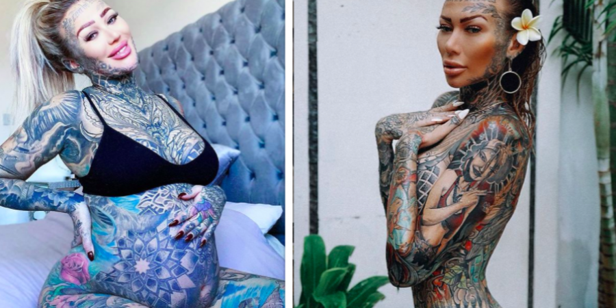 Former glamour model Becky Holt shows off her bump and body art article image